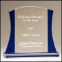 Premium Series glass award; Clear glass upright with blue accents