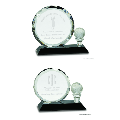 Round Facet Crystal with Golf Ball on Black Pedestal Base Awards