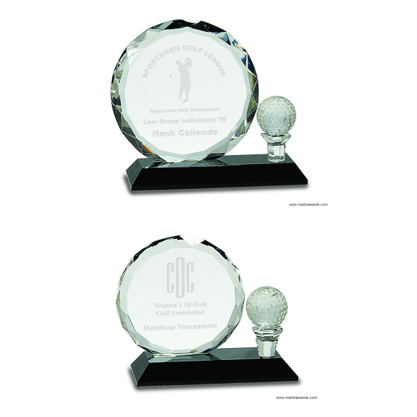 Round Facet Crystal with Golf Ball on Black Pedestal Base Awards