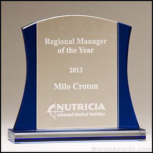 Premium Series glass award; Clear glass upright with blue accents