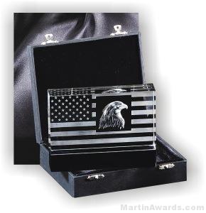 Crystal Glass Awards – 6″ x 4 1/2″ Genuine Prism Optical Crystal Patriot Desigb With Black Base 1