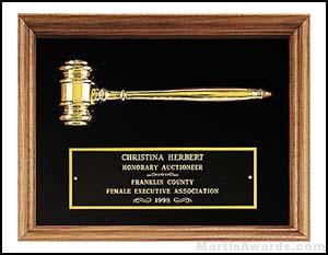 Plaque – Walnut Frame Gavel Plaques with Gold Tone Gavel- Velour Background 1