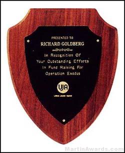 Plaque – American Walnut Shield Shape Plaque w/Black Plate 1