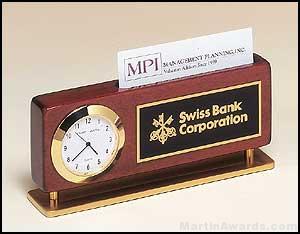Desktop Clock Award – Combination Clock/Business Card Holders In Rosewood Finish with Gold Accents 1
