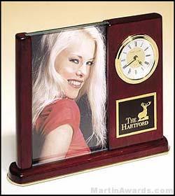 Clock Award – Rosewood Piano Finish Desk Clocks with Glass Picture Frame 1